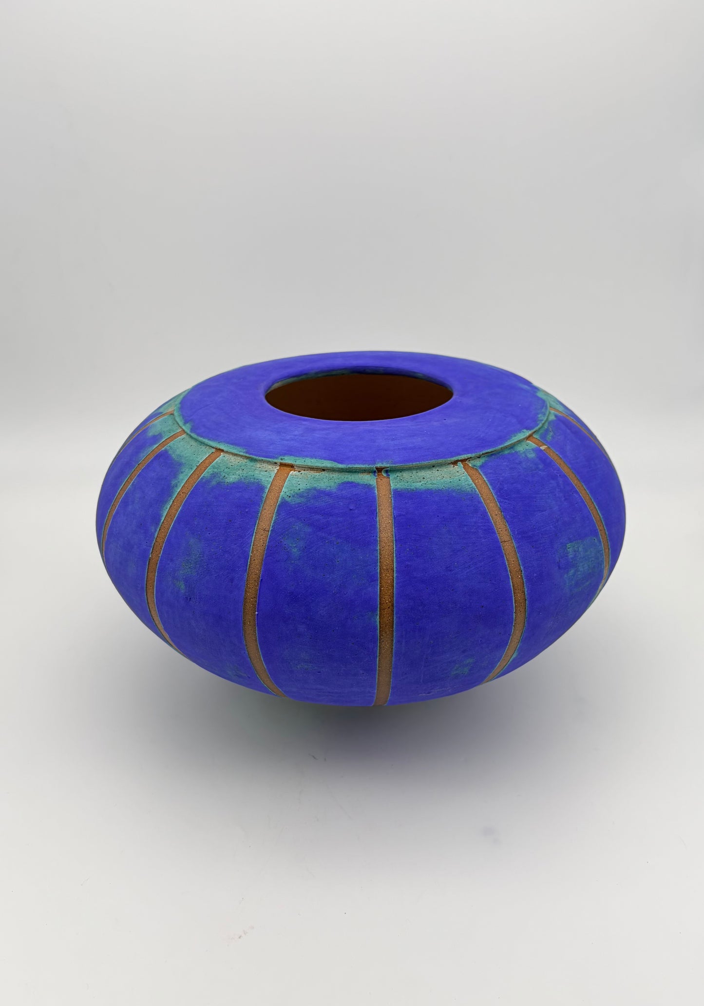 Blue Vessel with Stripes and No Lid