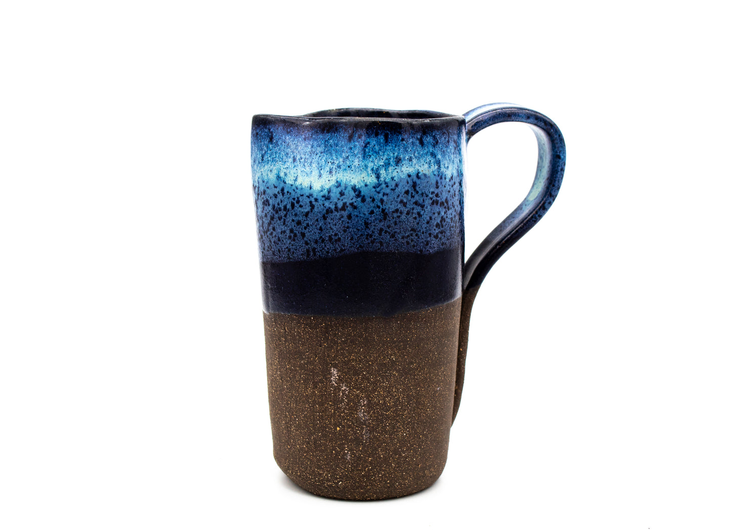 Handled Pitcher with Shades of Blue on Dark Brown Bared Clay