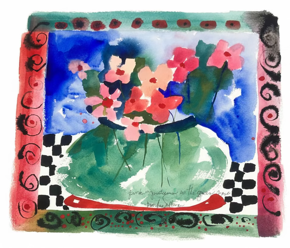 pink impatiences in the green vase