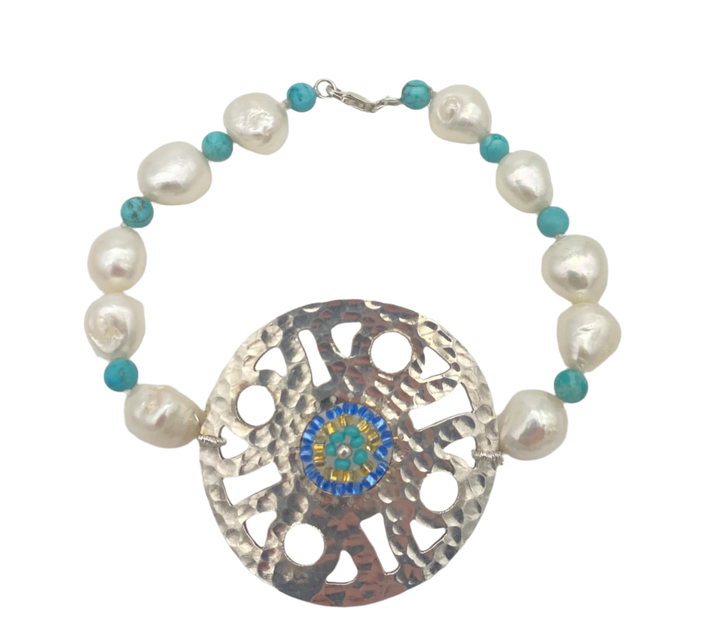 Fresh Water Pearl and Turquoise Sterling Silver Centerpiece Bracelet