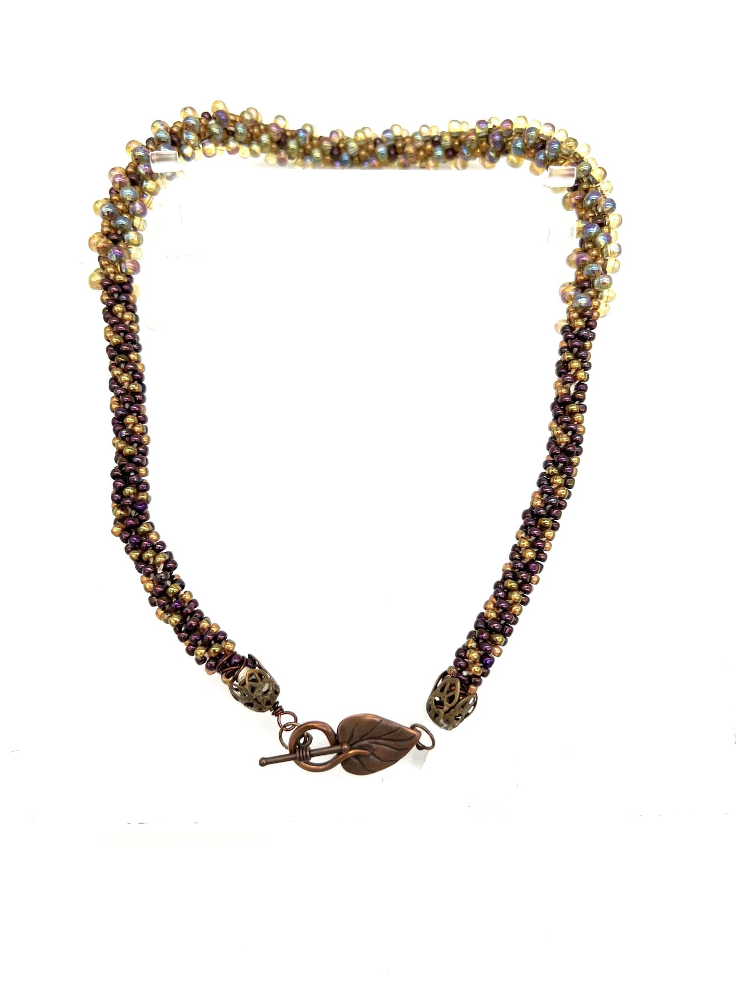 Necklace & Bracelet set. Kumohimo set, Brown and Iridescent Beads