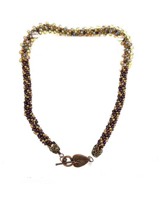 Necklace & Bracelet set. Kumohimo set, Brown and Iridescent Beads