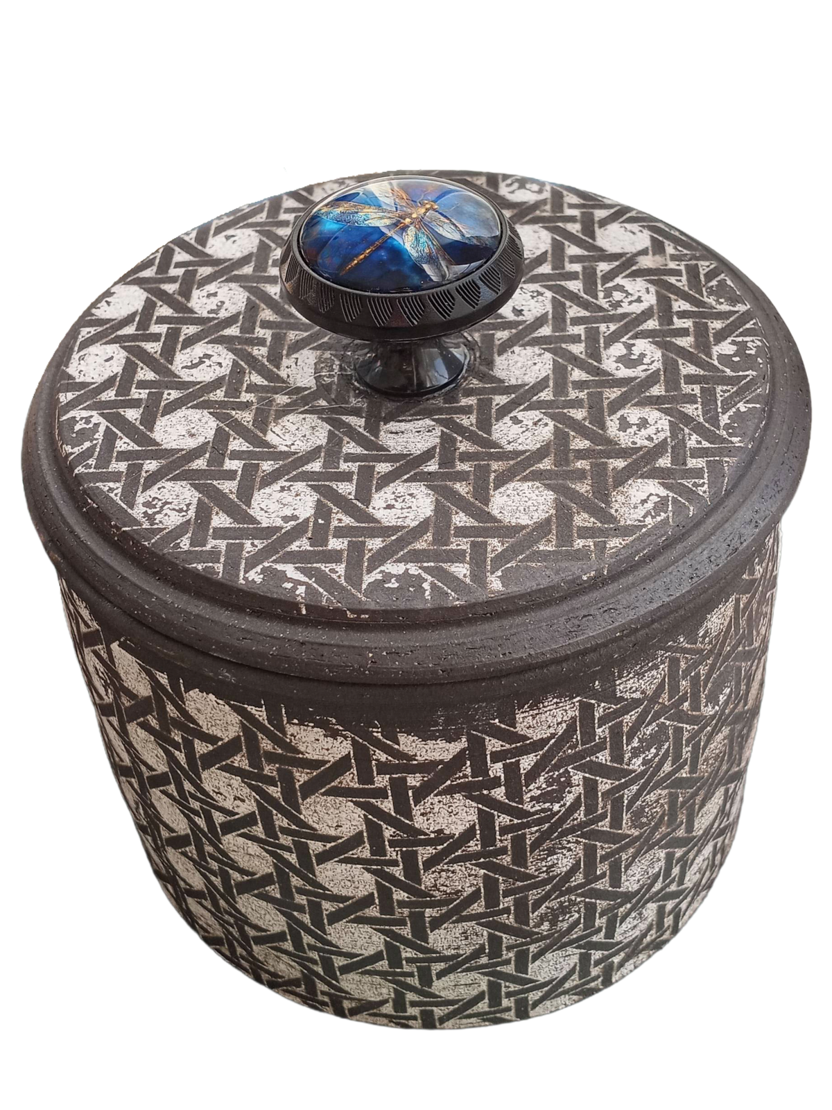 Basket Pattern Jar with Dragonfly Knob