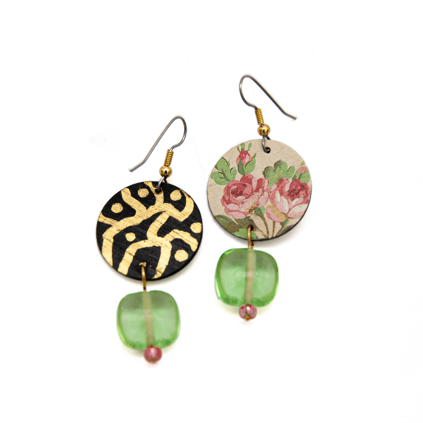 Green and Pink Floral Circle Earrings