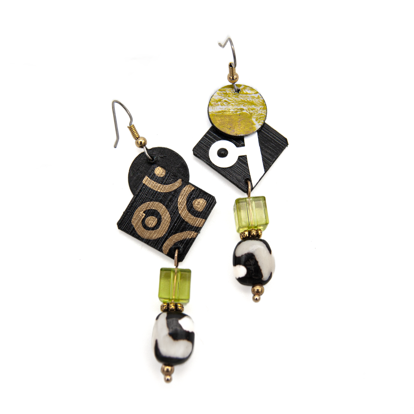 Black and White Diamond with Green Circle Earrings