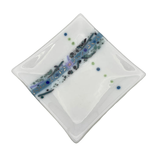 8" White Square Platter with Blue Accents