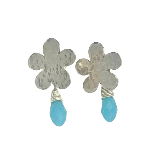 Sterling Silver Flower Earrings w/ blue drop