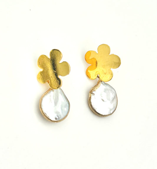 Sterling Silver Flower and Freshwater Pearl Earrings