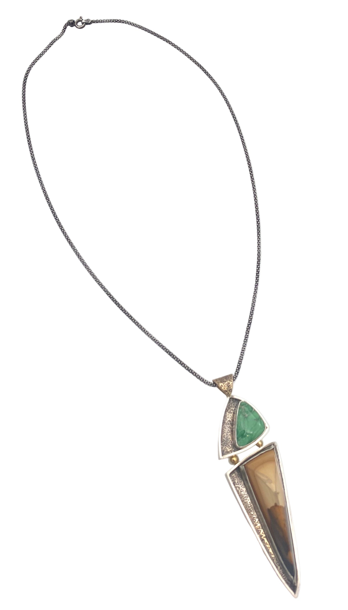 Silver, 14k Gold Chrysoprase, and Petrified Wood Necklace