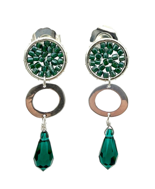 Three Rounds Green Crystal Drop Earrings