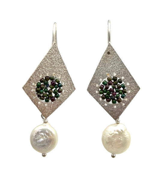 Diamond Shape and Coin Pearl Earrings