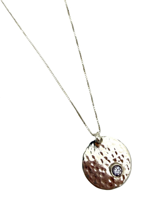 Silver Hammered Texture Round Pendant and Light Purplecz