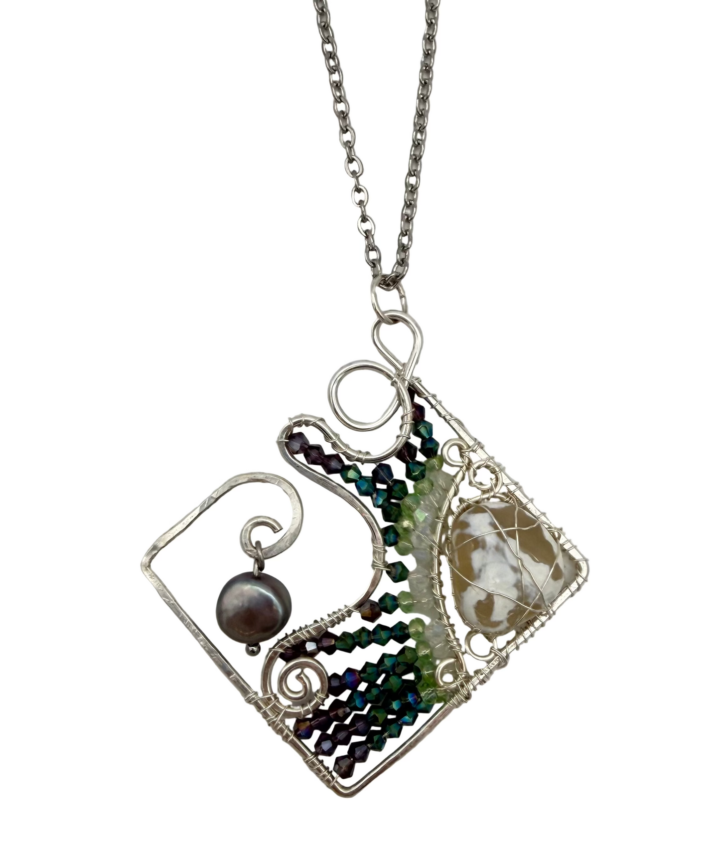 Abstract Silver Agate & Pearl Necklace