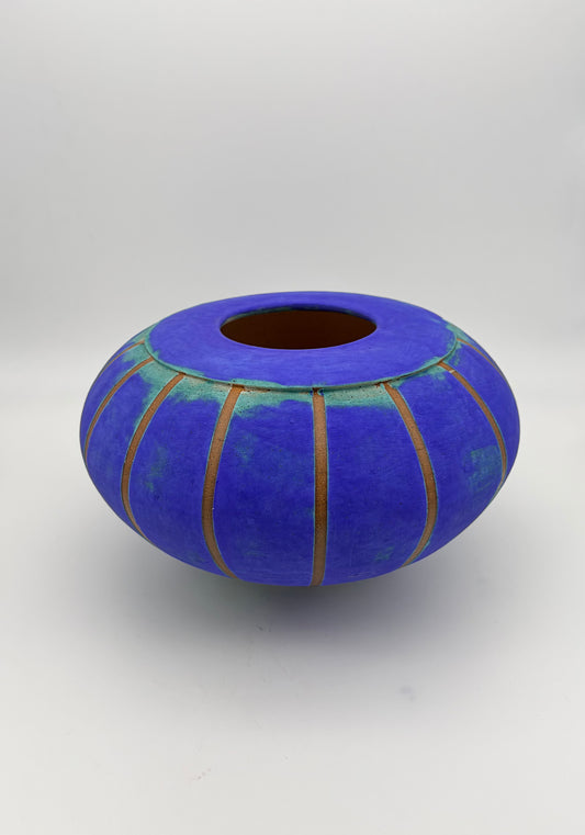 Blue Vessel with Stripes and No Lid