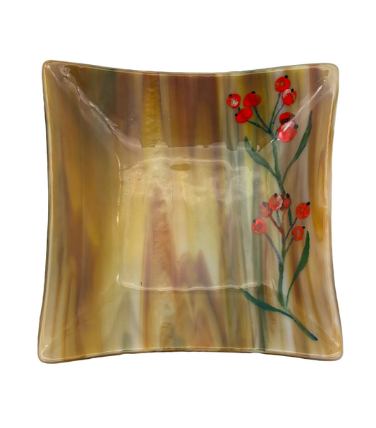 Square White Streaks with Red Berries Tray