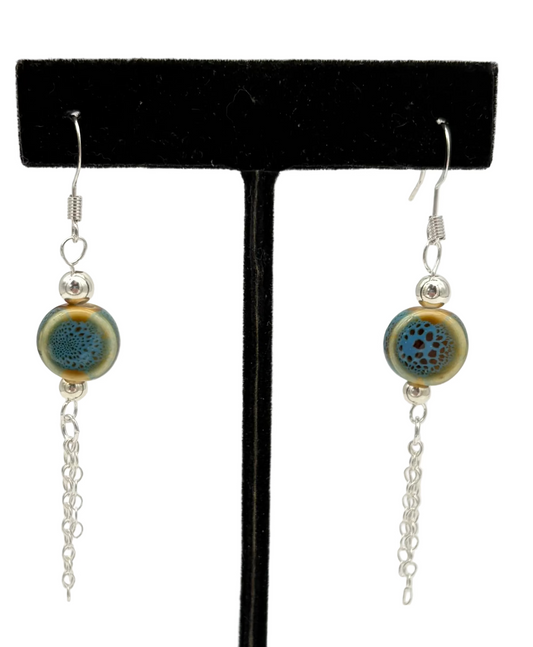 Drop Silver Chain Ceramic Bead Earrings