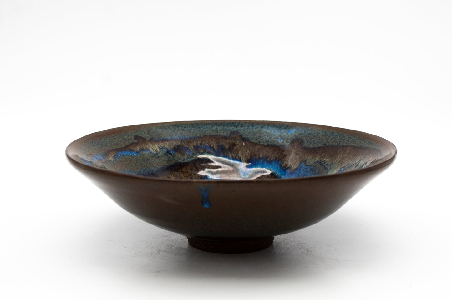 Blue & Earth Toned Bowl on Dark Brown Clay