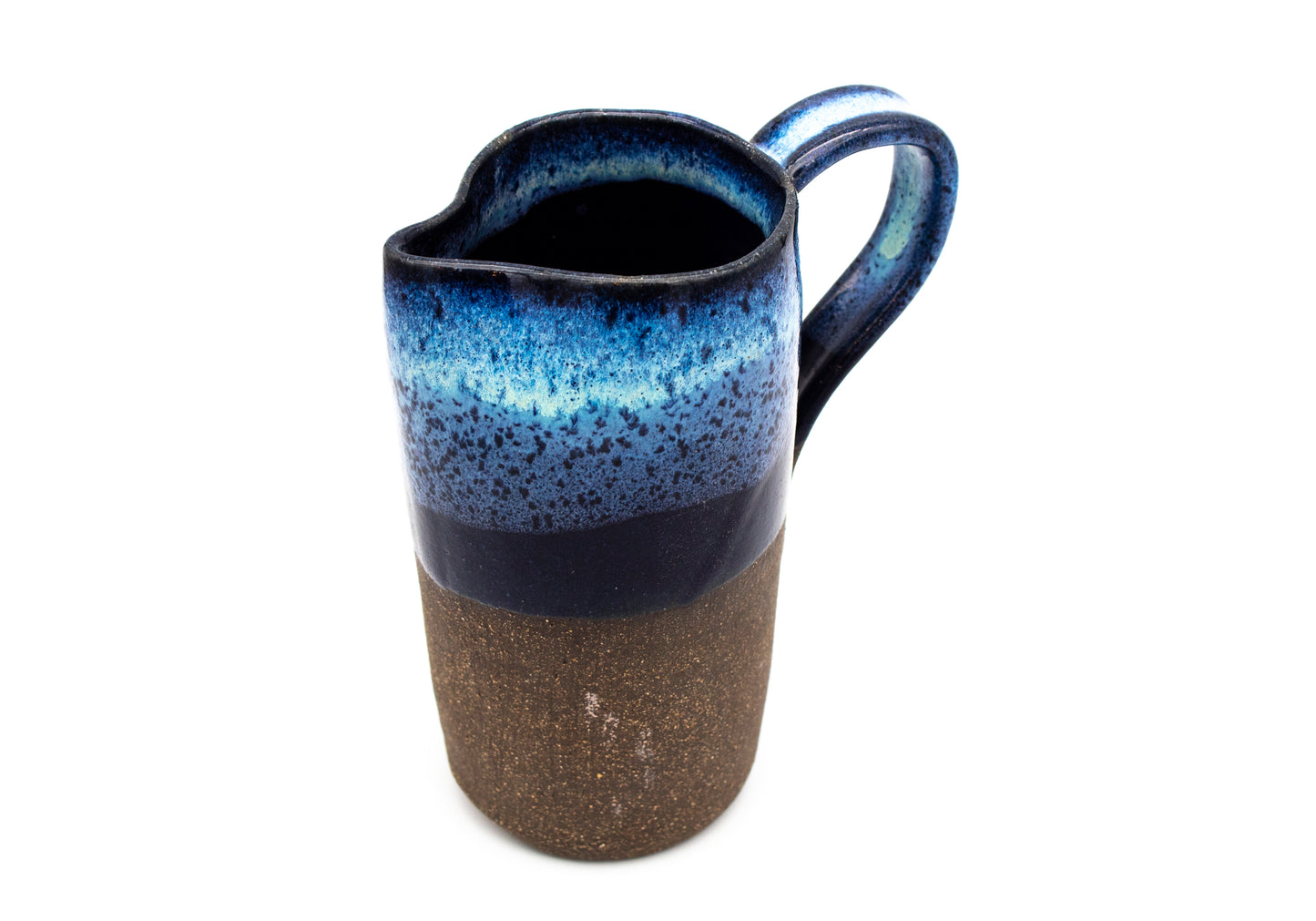 Handled Pitcher with Shades of Blue on Dark Brown Bared Clay
