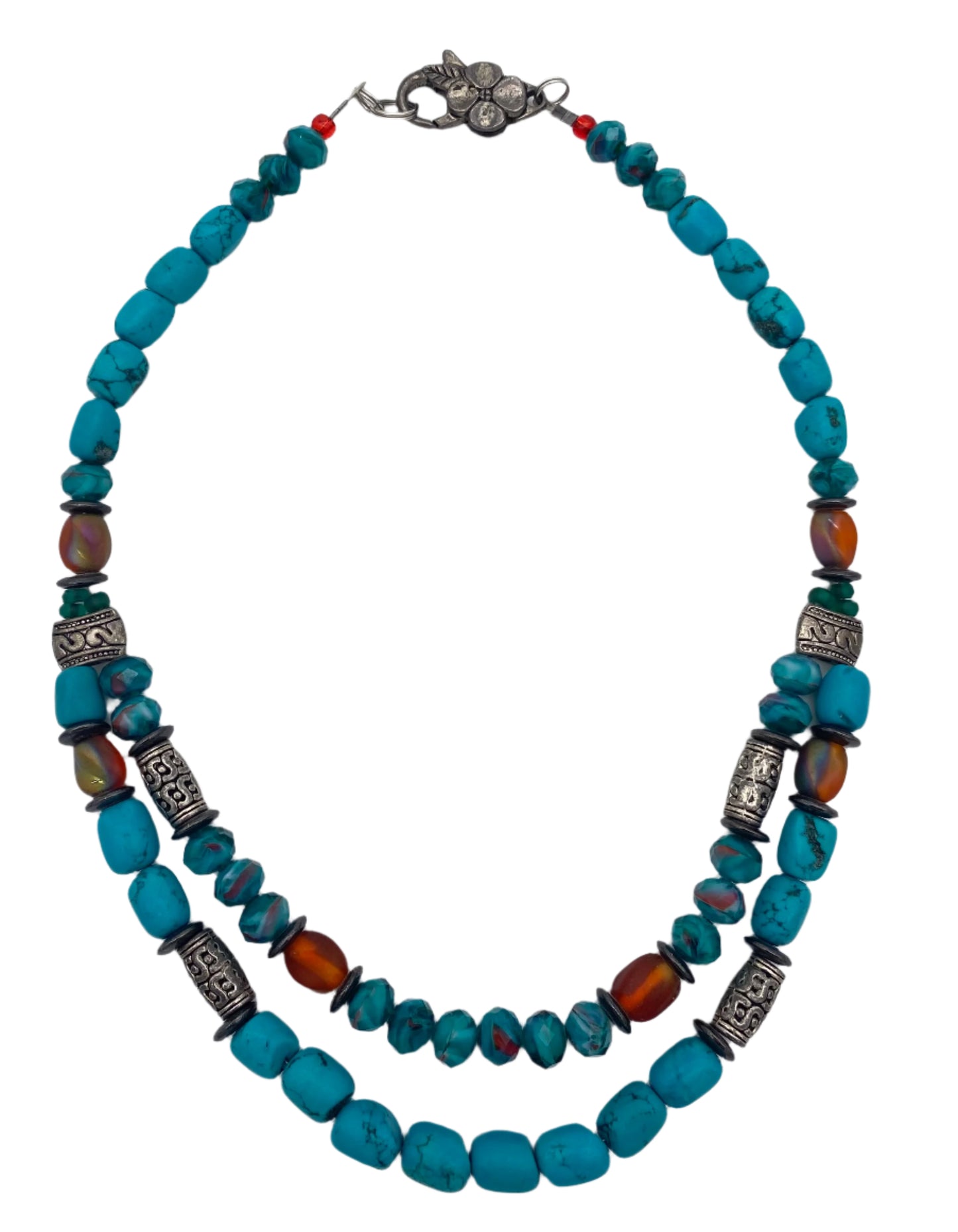 Turquoise, Red and Silver Beaded Necklace