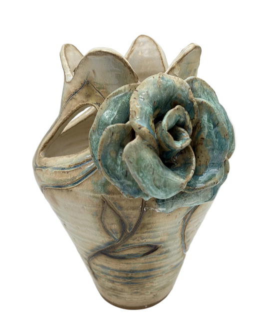 Large Rose on Cutout Irregular Rim Vessel