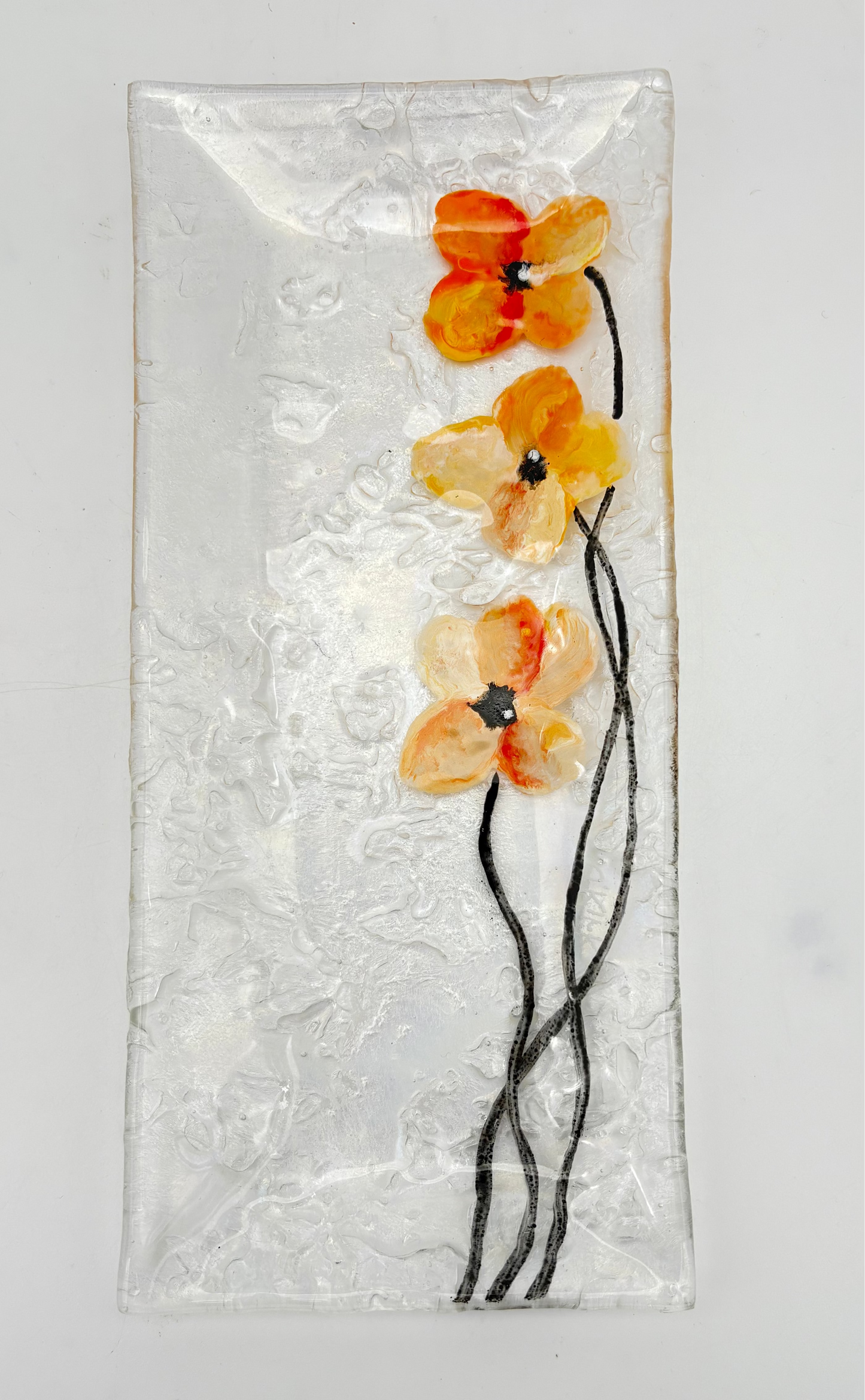 Crackle Clear Orange Flower Dish