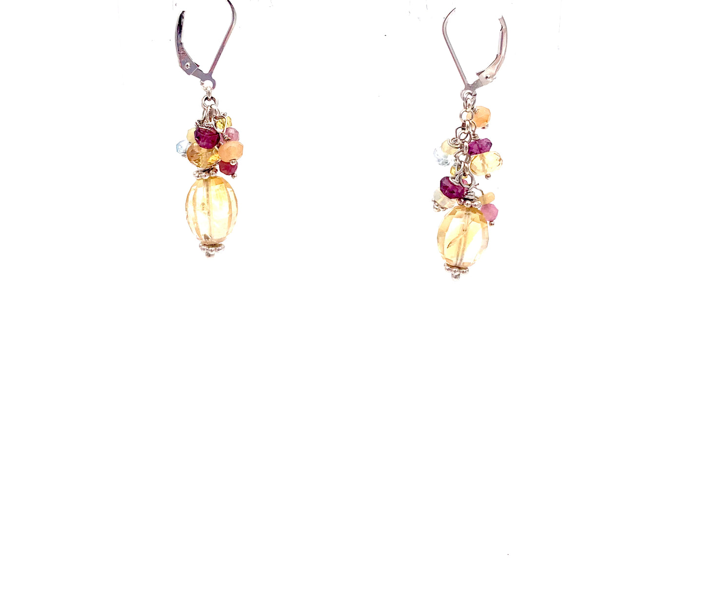 Gemstone Cluster, Aquamarine Sterling Citrine, Ruby Opal Pearl Earrings
