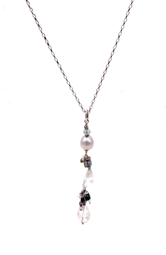 Sterling Long Chain, Pearl Aquamarine Labrodorite Necklace