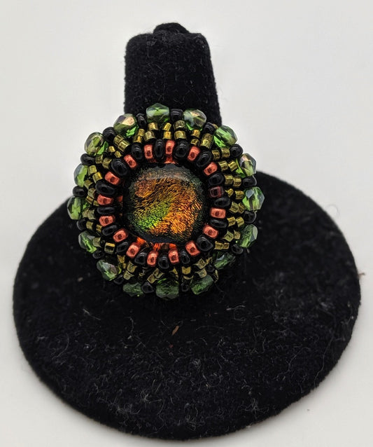 Beaded Ring with Glass Center, Orange, Green and Black
